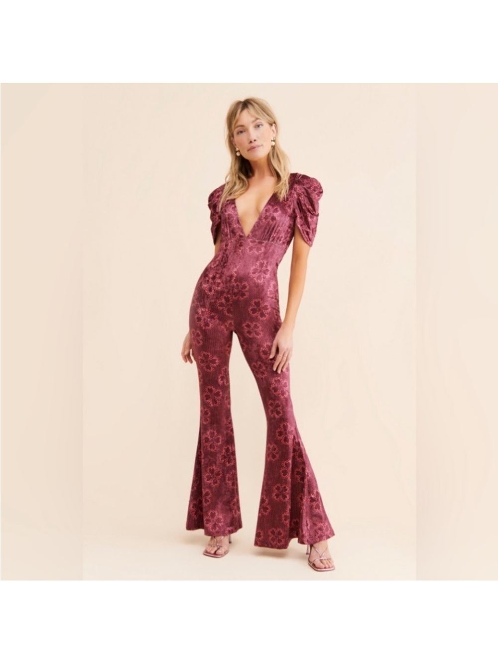 Free People Plum Floral Velvet Puff-Sleeve Jumpsuit